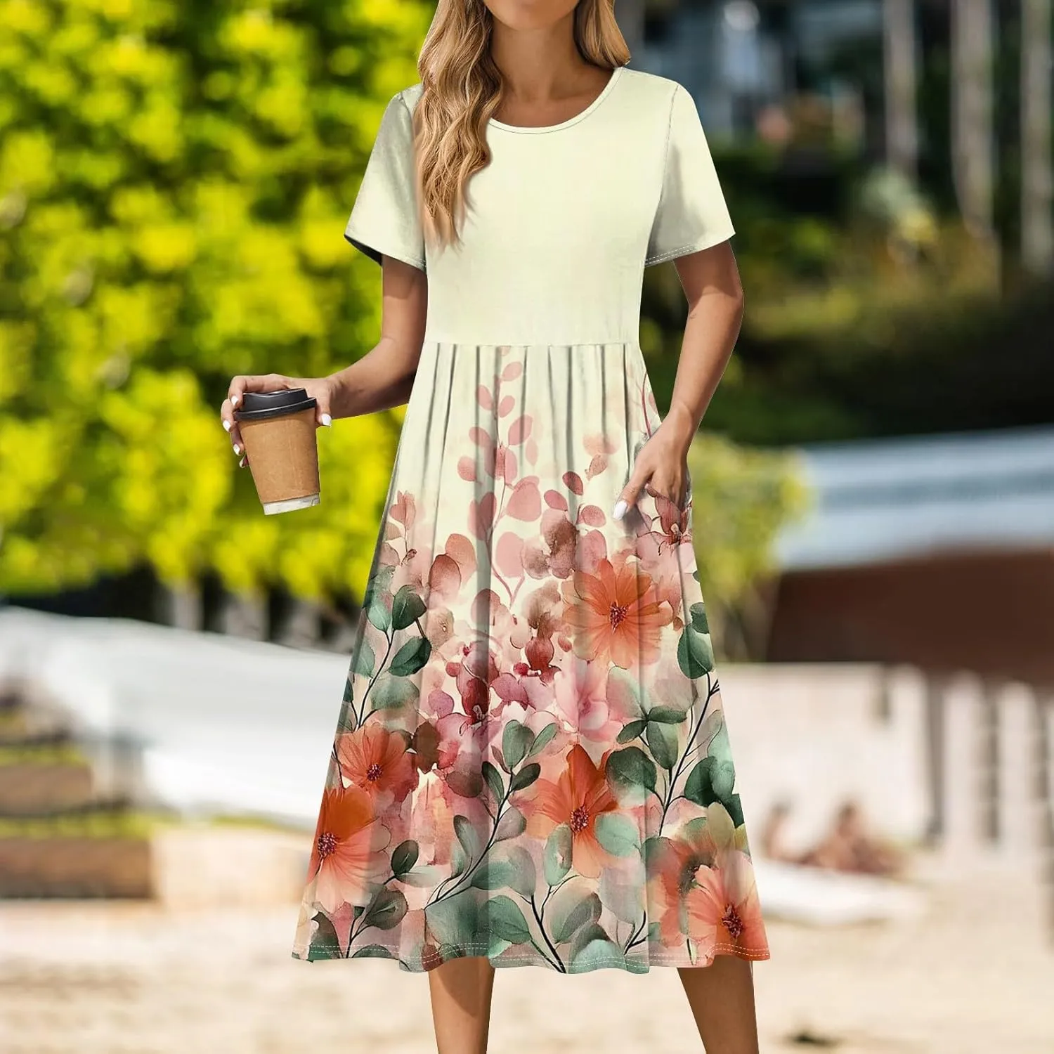 Women's Floral Print Casual Midi Short Sleeve Summer Sundress with Pockets for Beach Party and Daily Wear