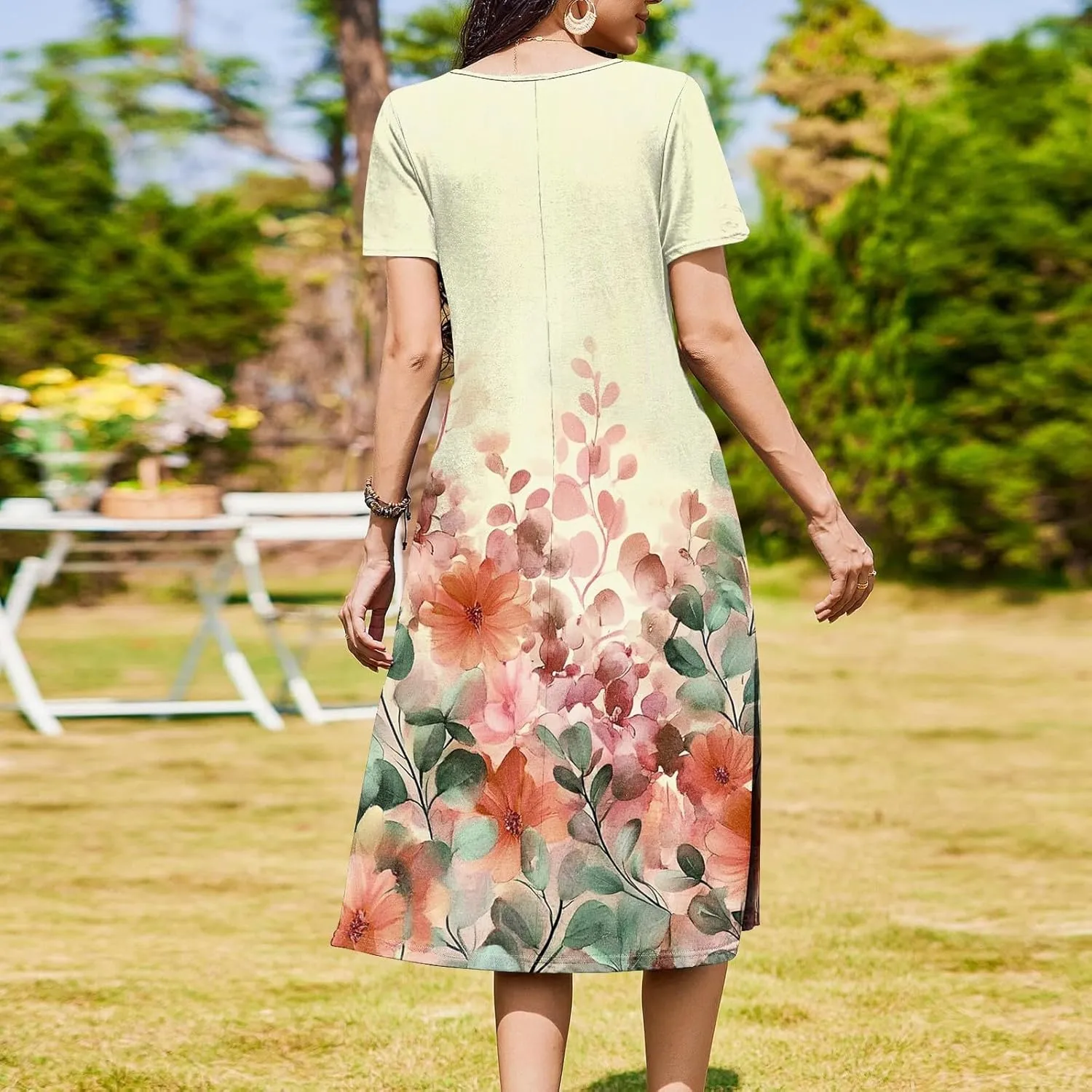 Women's Floral Print Casual Midi Short Sleeve Summer Sundress with Pockets for Beach Party and Daily Wear