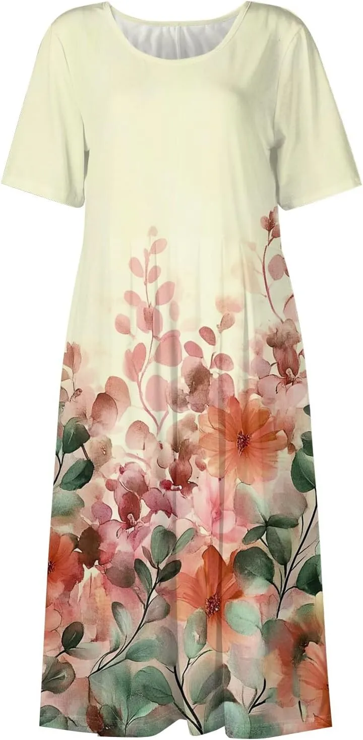 Women's Floral Print Casual Midi Short Sleeve Summer Sundress with Pockets for Beach Party and Daily Wear