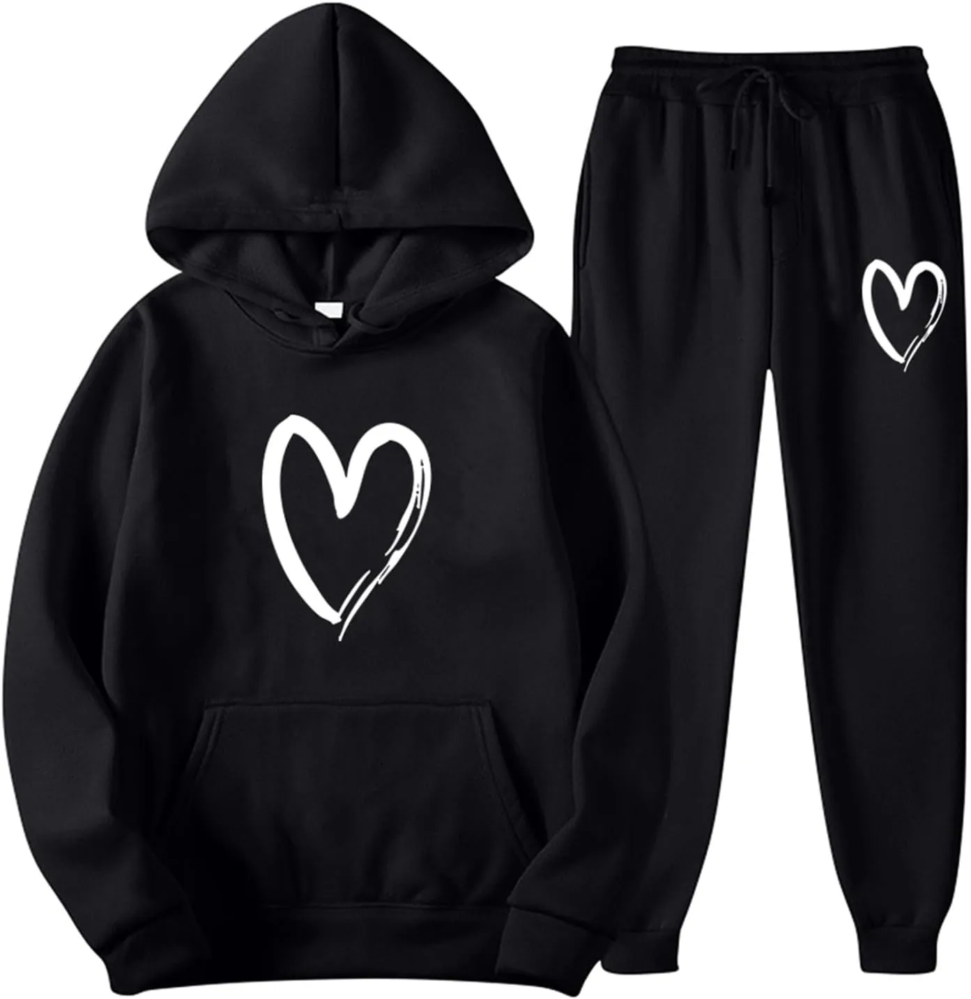 Women's Heart Print Fleece 2 Piece Outfits Sweatsuits Pullover Hoodie Sweatshirt and Jogger Pants Tracksuits Set