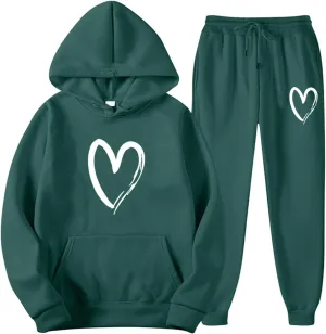Women's Heart Print Fleece 2 Piece Outfits Sweatsuits Pullover Hoodie Sweatshirt and Jogger Pants Tracksuits Set