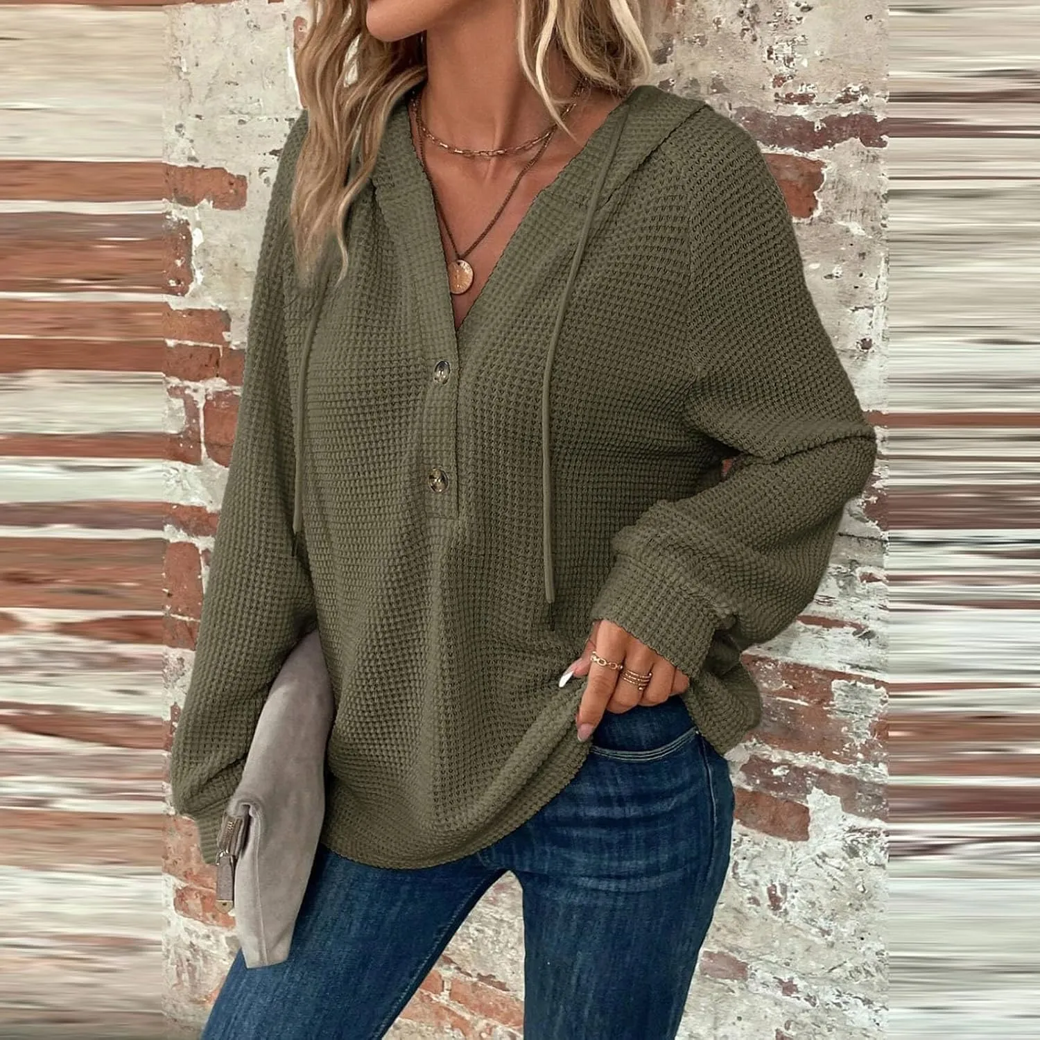 Womens Hoodies 2024 Fall Fashion Button V Neck Waffle Knit Tops Drawstring Hooded Oversized Sweatshirt with Pocket