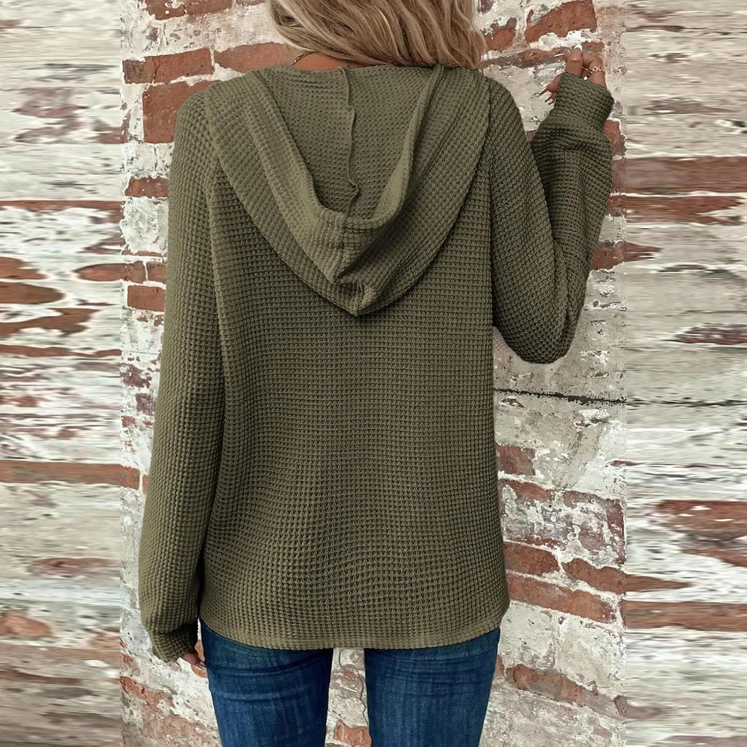 Womens Hoodies 2024 Fall Fashion Button V Neck Waffle Knit Tops Drawstring Hooded Oversized Sweatshirt with Pocket