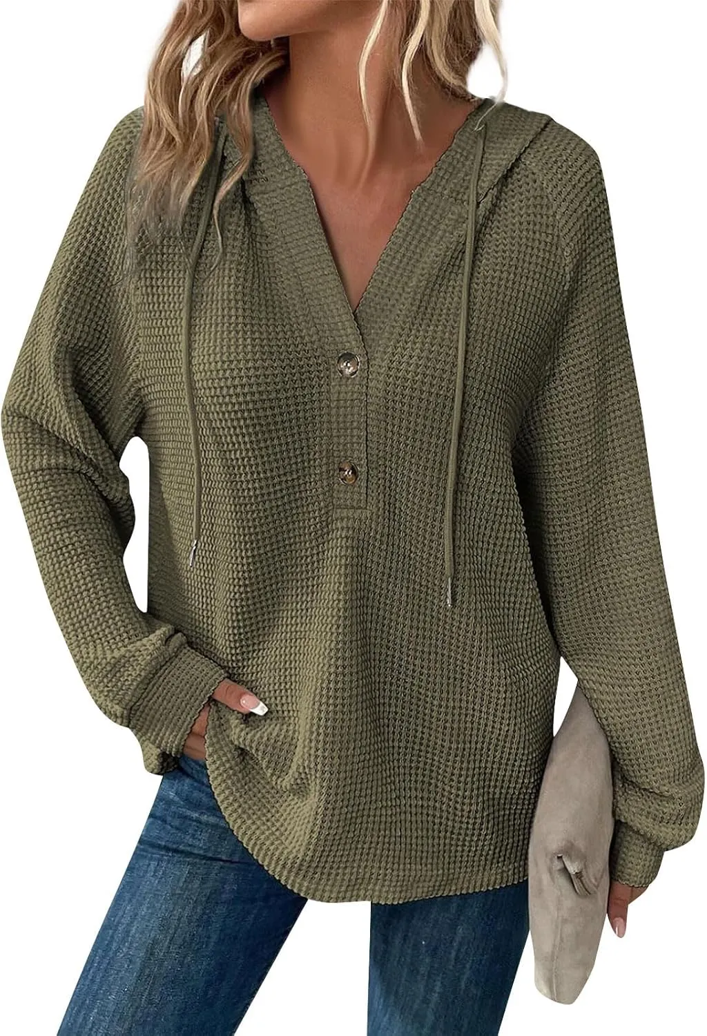 Womens Hoodies 2024 Fall Fashion Button V Neck Waffle Knit Tops Drawstring Hooded Oversized Sweatshirt with Pocket