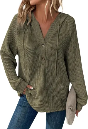 Womens Hoodies 2024 Fall Fashion Button V Neck Waffle Knit Tops Drawstring Hooded Oversized Sweatshirt with Pocket