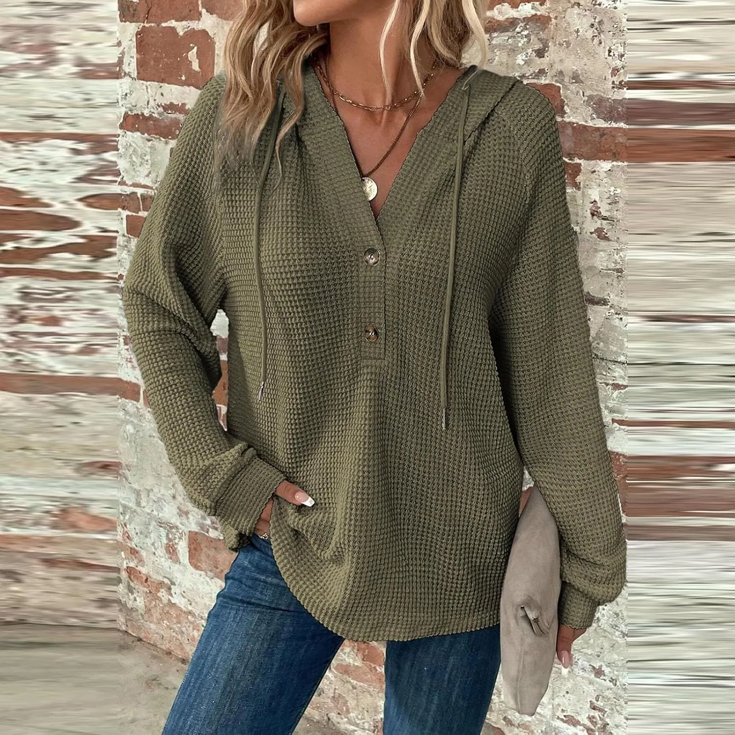 Womens Hoodies 2024 Fall Fashion Button V Neck Waffle Knit Tops Drawstring Hooded Oversized Sweatshirt with Pocket