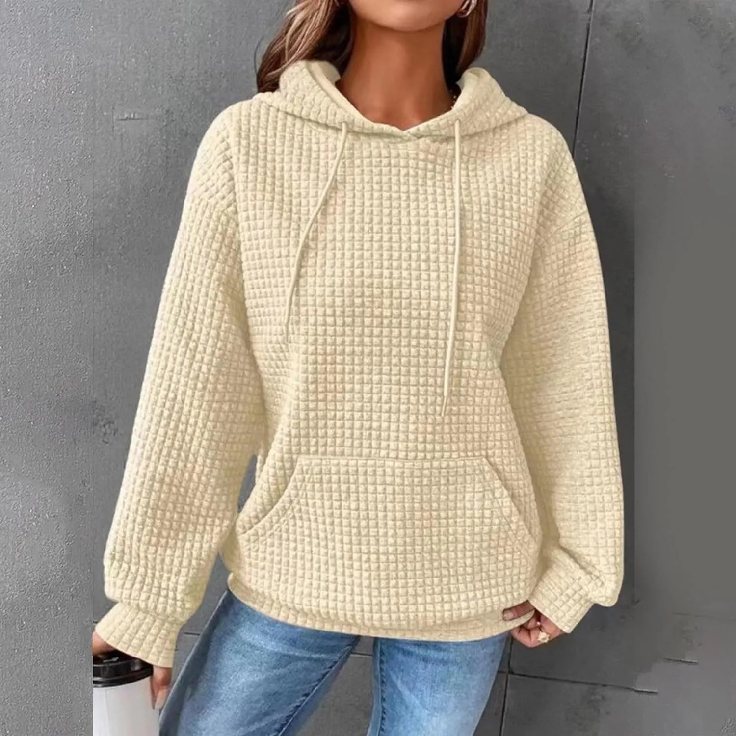 Womens Hoodies Oversized Waffle Drawstring Thick Pullover Sweatshirt Fall Fashion 2024 Soft Baggy Tunic Hoodies