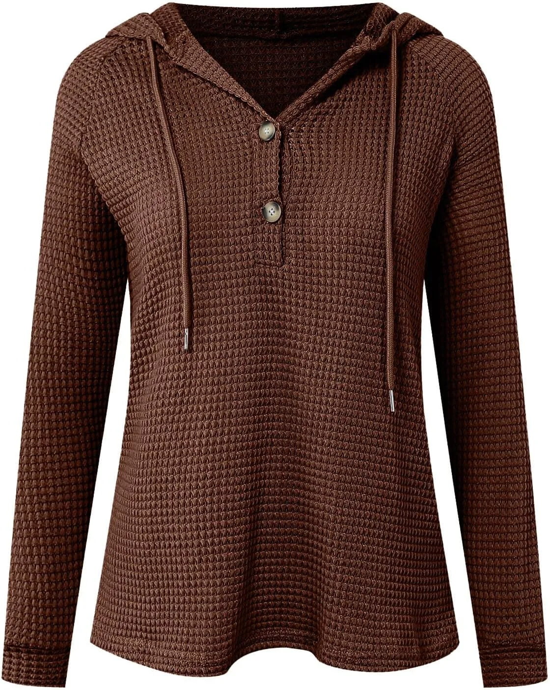 Women's Hoodies Waffle Knit Tops Drawstring Hoodie Casual Button V Neck Long Sleeve Hooded Sweatshirt Pullover