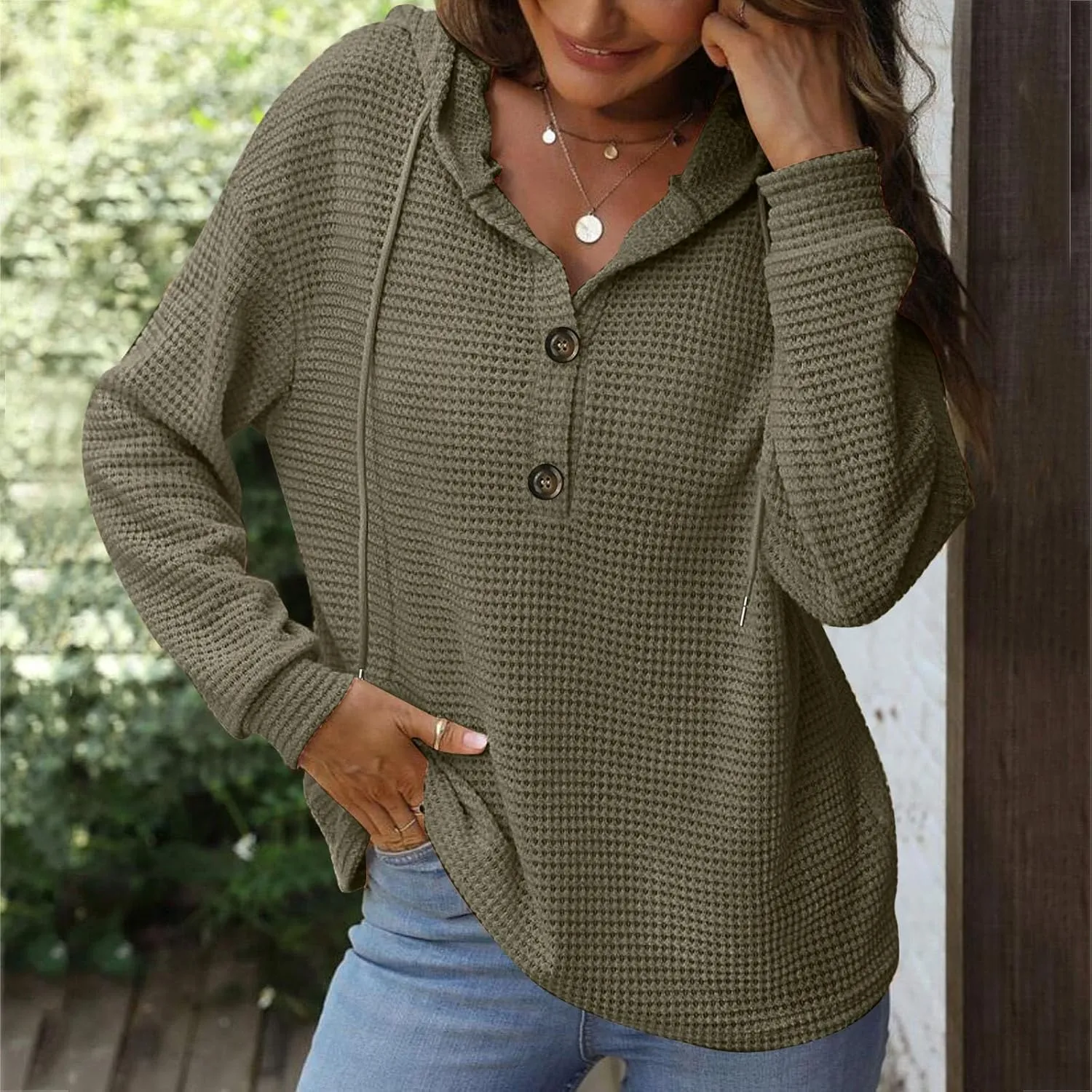 Women's Hoodies Waffle Knit Tops Drawstring Hoodie Casual Button V Neck Long Sleeve Hooded Sweatshirt Pullover