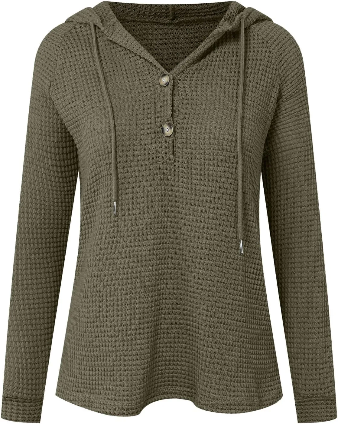 Women's Hoodies Waffle Knit Tops Drawstring Hoodie Casual Button V Neck Long Sleeve Hooded Sweatshirt Pullover