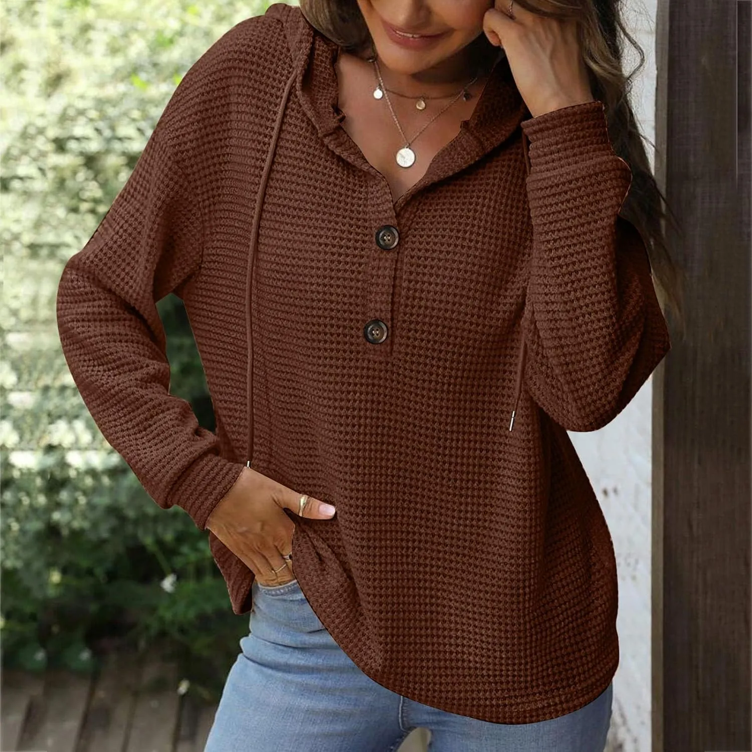 Women's Hoodies Waffle Knit Tops Drawstring Hoodie Casual Button V Neck Long Sleeve Hooded Sweatshirt Pullover