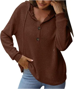 Women's Hoodies Waffle Knit Tops Drawstring Hoodie Casual Button V Neck Long Sleeve Hooded Sweatshirt Pullover