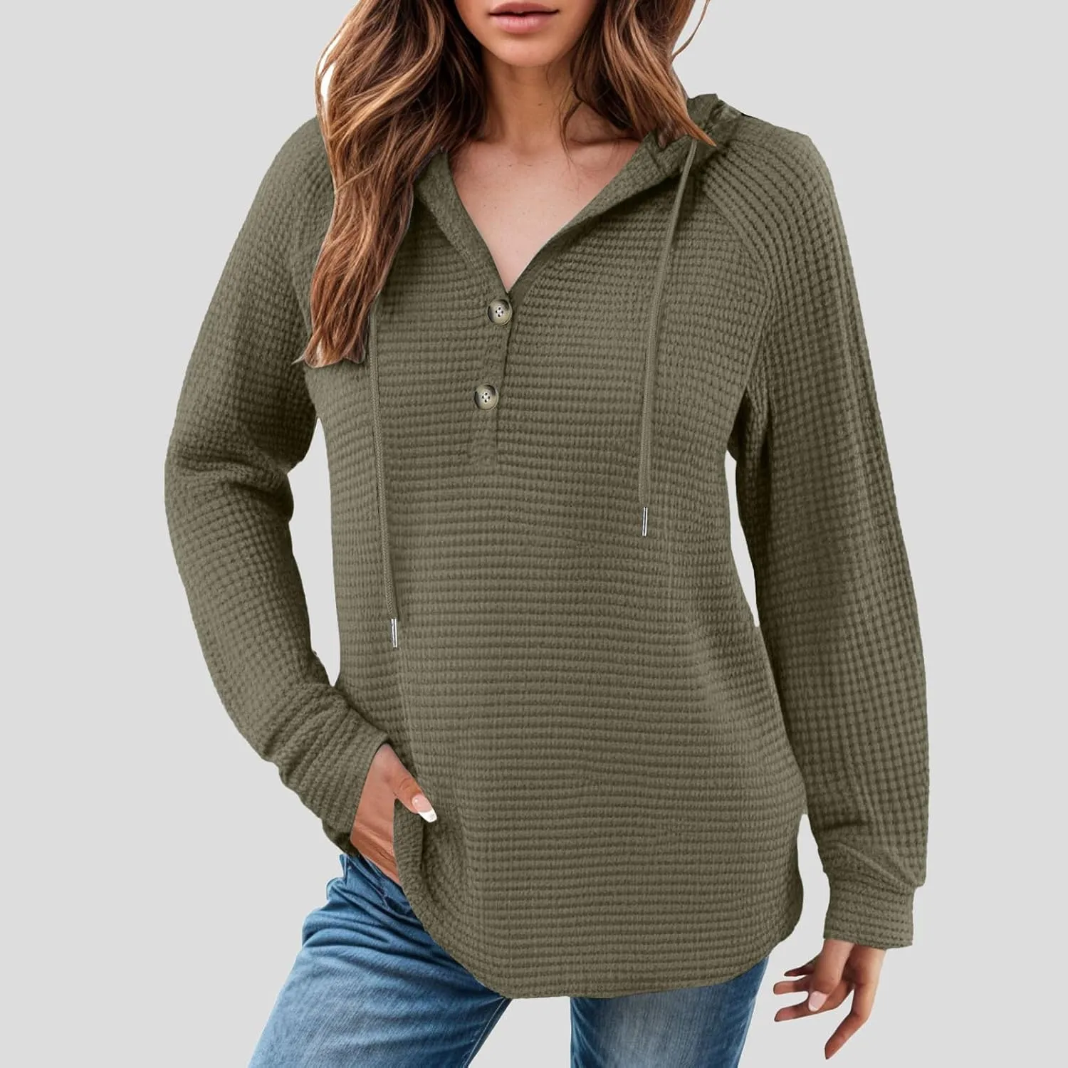 Women's Hoodies Waffle Knit Tops Drawstring Hoodie Casual Button V Neck Long Sleeve Hooded Sweatshirt Pullover