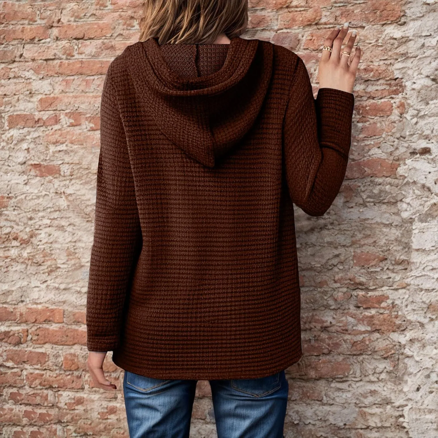 Women's Hoodies Waffle Knit Tops Drawstring Hoodie Casual Button V Neck Long Sleeve Hooded Sweatshirt Pullover