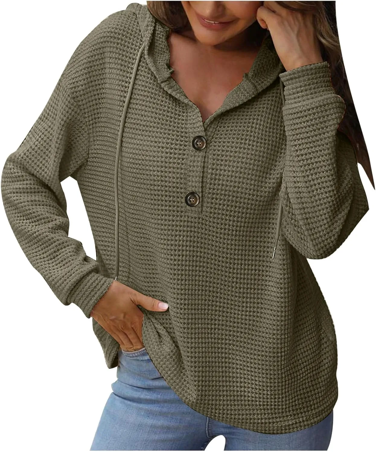 Women's Hoodies Waffle Knit Tops Drawstring Hoodie Casual Button V Neck Long Sleeve Hooded Sweatshirt Pullover
