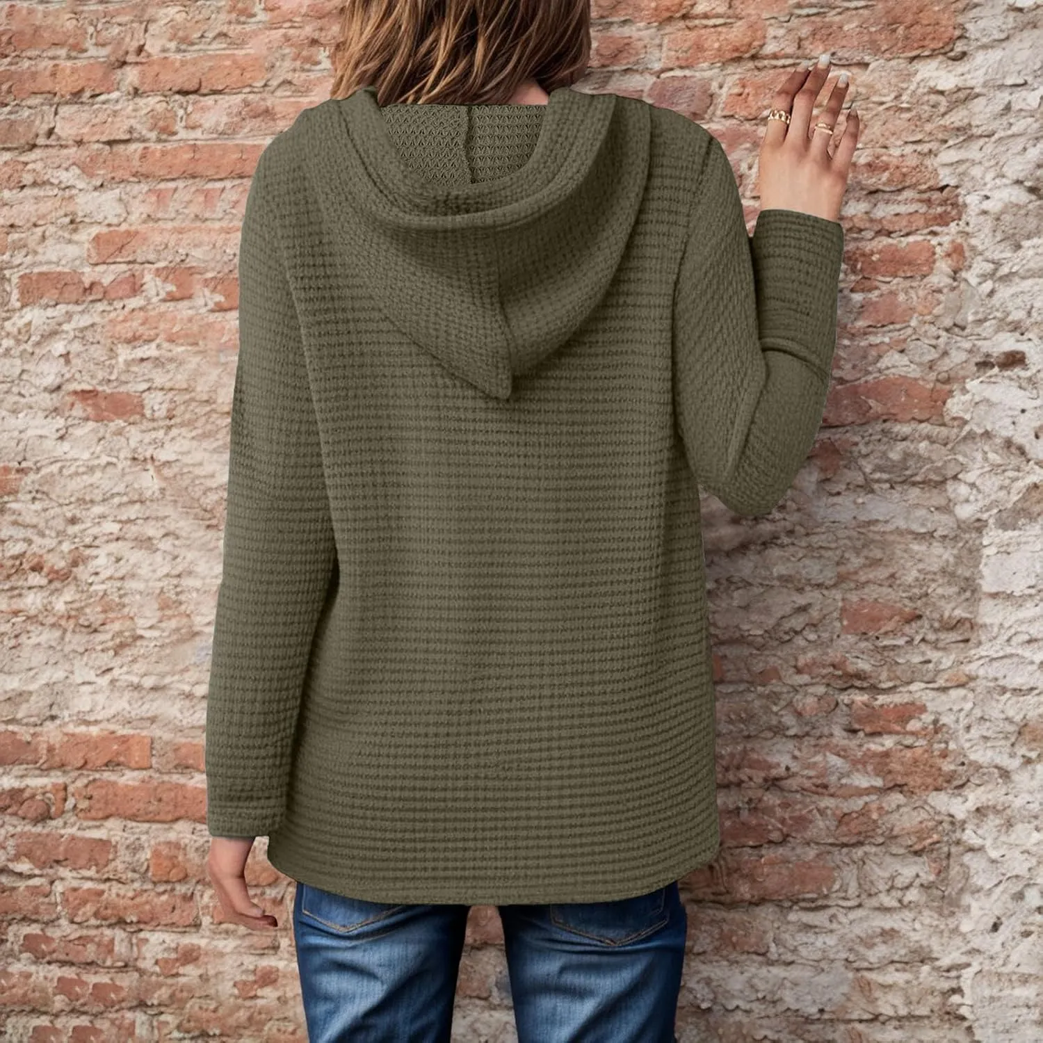 Women's Hoodies Waffle Knit Tops Drawstring Hoodie Casual Button V Neck Long Sleeve Hooded Sweatshirt Pullover