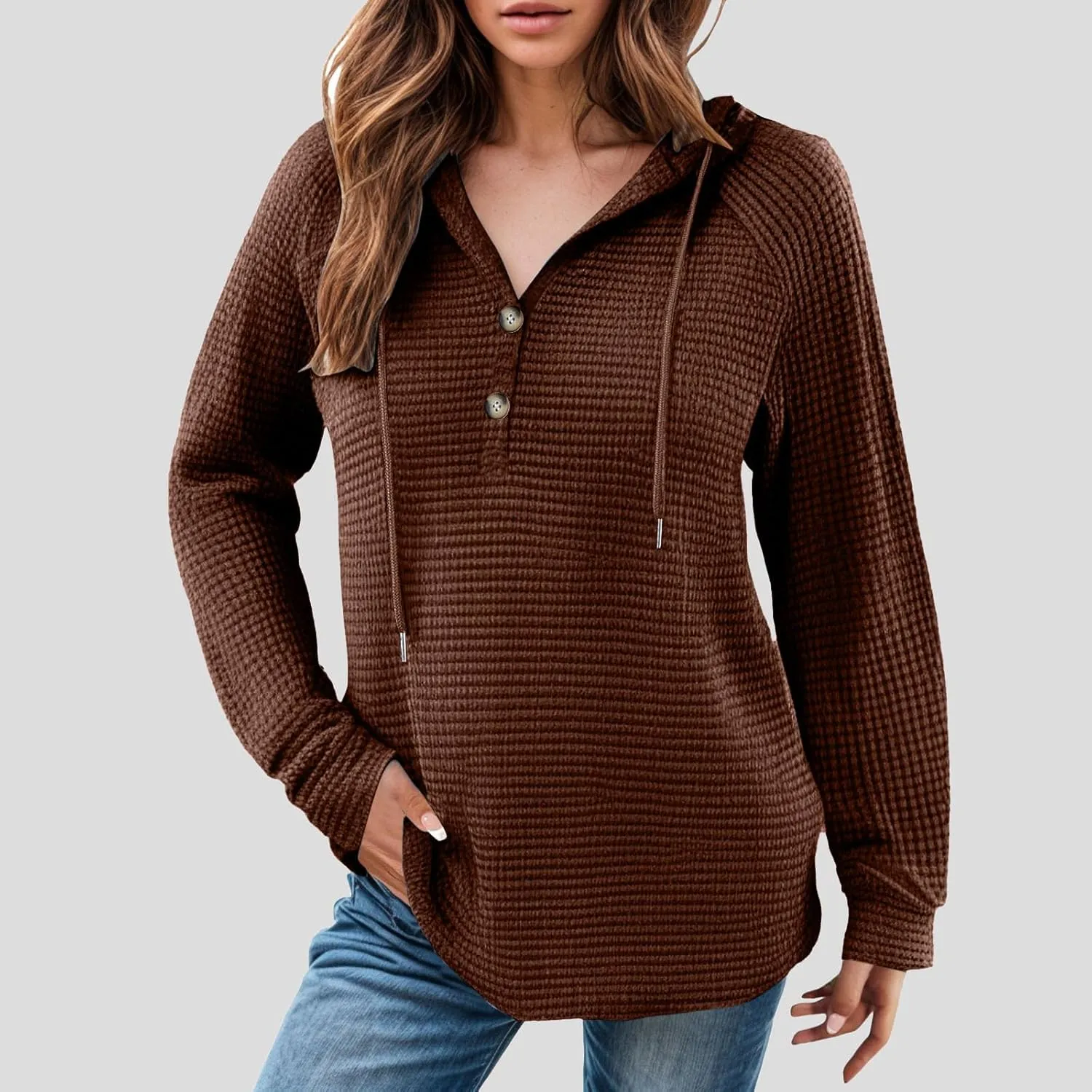 Women's Hoodies Waffle Knit Tops Drawstring Hoodie Casual Button V Neck Long Sleeve Hooded Sweatshirt Pullover