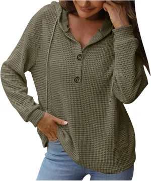 Women's Hoodies Waffle Knit Tops Drawstring Hoodie Casual Button V Neck Long Sleeve Hooded Sweatshirt Pullover