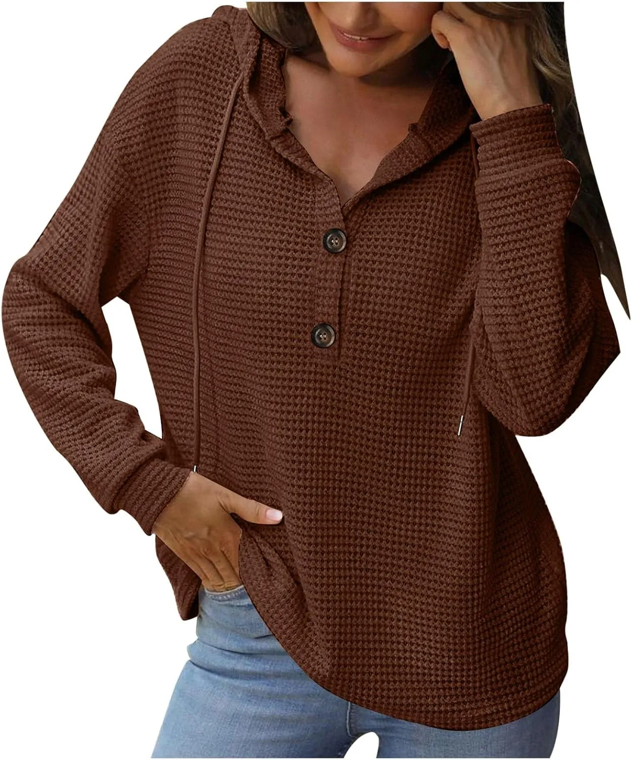 Women's Hoodies Waffle Knit Tops Drawstring Hoodie Casual Button V Neck Long Sleeve Hooded Sweatshirt Pullover