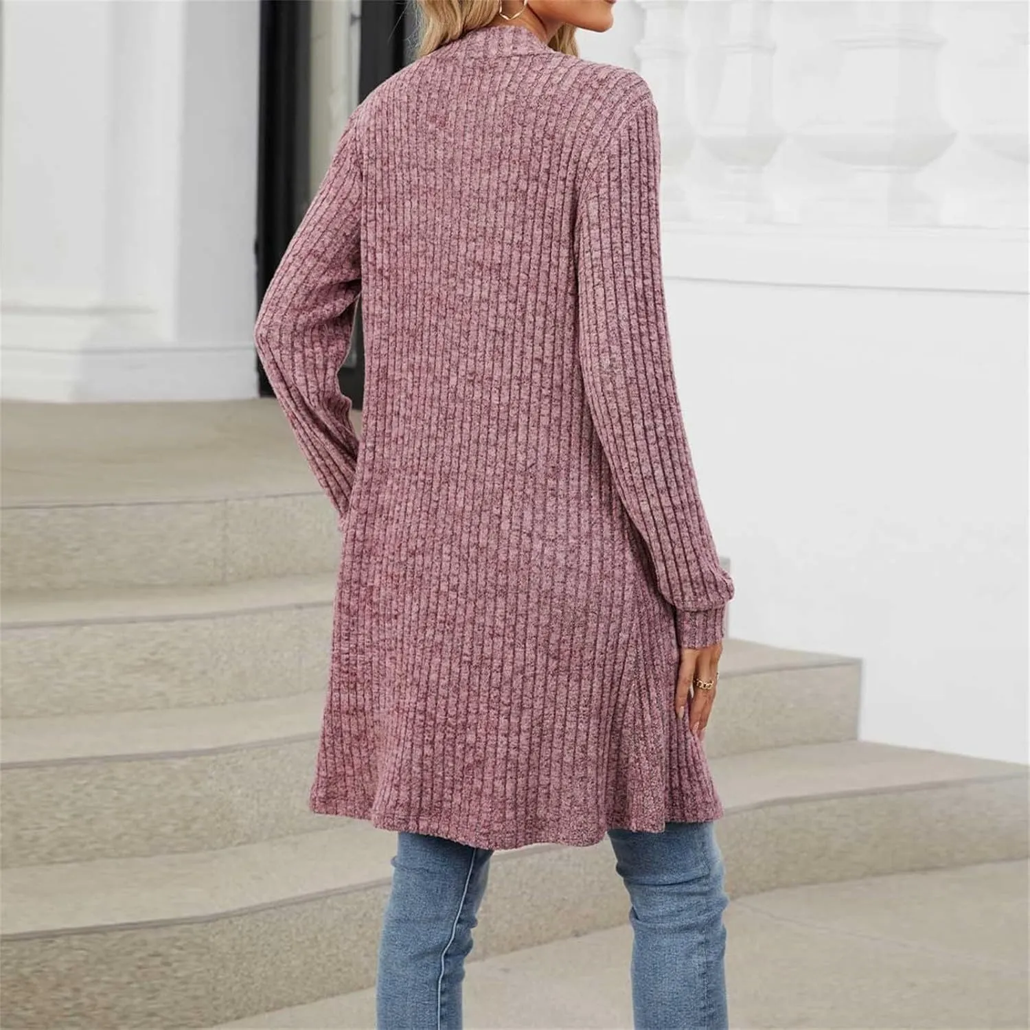 Women's Knit Long Sweater Fall Winter Stripe Textured Solid Color Open Front Crochet Cardigan Long Sleeve Warm Coat