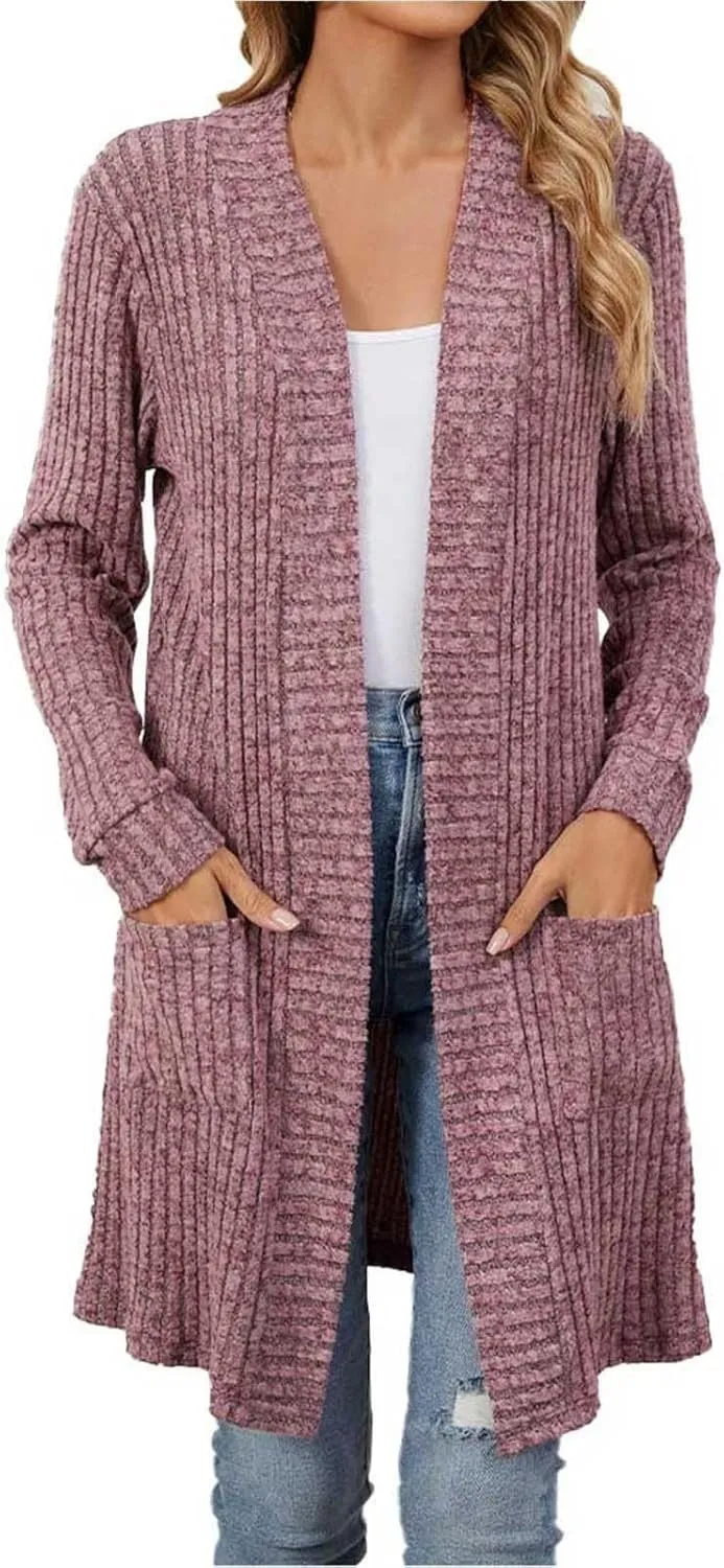 Women's Knit Long Sweater Fall Winter Stripe Textured Solid Color Open Front Crochet Cardigan Long Sleeve Warm Coat