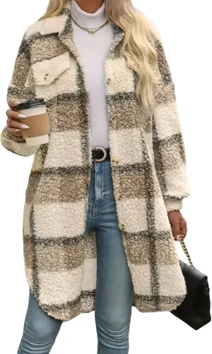 Women's Long Flannel Plaid Jacket Shacket Lightweight Button Down Fuzzy Fleece Shirts Trendy Sherpa Trench Coat