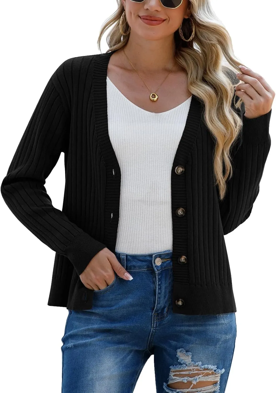 Women's Long Sleeve Cardigan Sweaters Casual V Neck Soft Knit Jacket Button Down Cardigan for Women Winter Fall