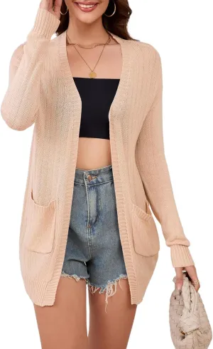 Womens Open Front Lightweight Cardigans Oversized Two Pockets Long Sleeve Knit Sweaters