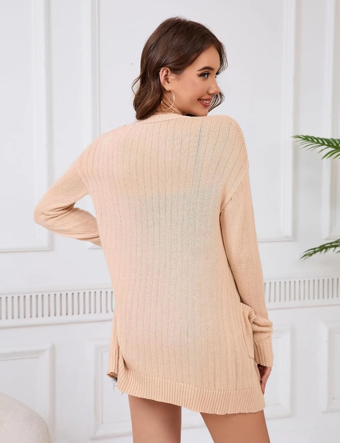 Womens Open Front Lightweight Cardigans Oversized Two Pockets Long Sleeve Knit Sweaters