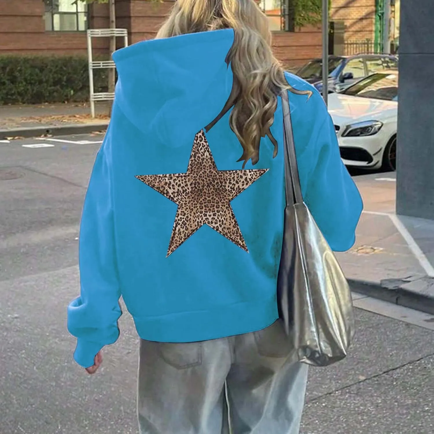 Womens Oversized Hoodies Distressed Star Graphic Sweatshirt Long Sleeve Hooded Shirt Aesthetic Pullover