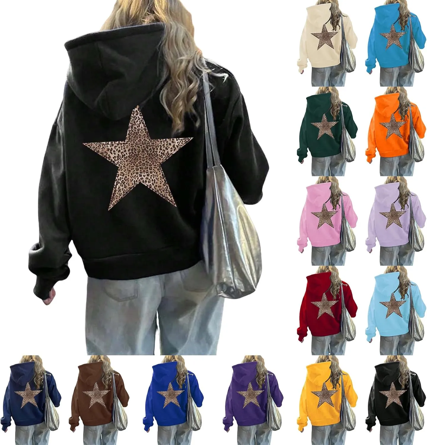 Womens Oversized Hoodies Distressed Star Graphic Sweatshirt Long Sleeve Hooded Shirt Aesthetic Pullover
