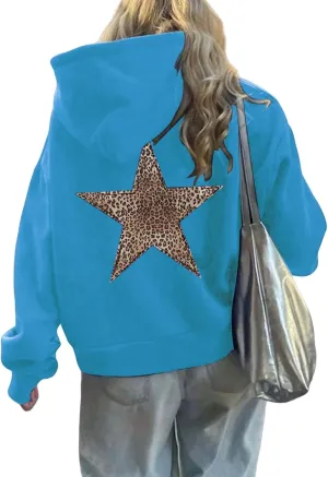 Womens Oversized Hoodies Distressed Star Graphic Sweatshirt Long Sleeve Hooded Shirt Aesthetic Pullover