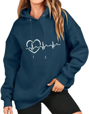 Women's Oversized Hoodies Fall Casual Long Sleeve Drawstring Blouse Tee Trendy Heart Print Solid Outdoor Comfy Pullover Tops