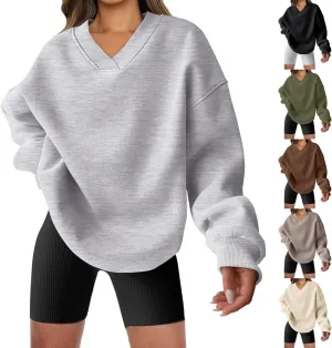 Womens Oversized Sweatshirt Hoodies Casual V Neck Long Sleeve Shirts Fleece Pullover Tops Fall Teens Preppy Clothes