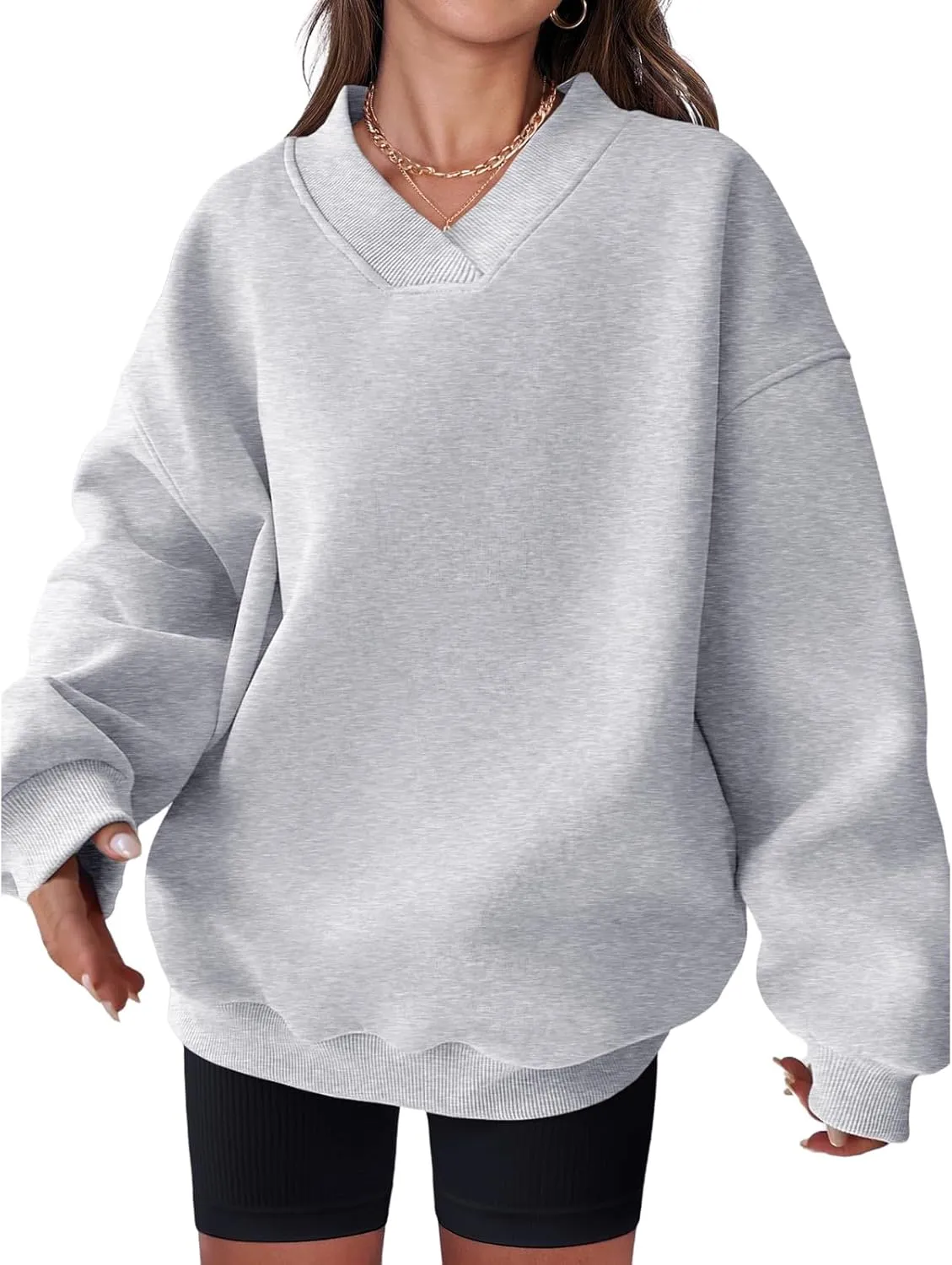 Womens Oversized Sweatshirt Hoodies Casual V Neck Long Sleeve Shirts Fleece Pullover Tops Fall Teens Preppy Clothes