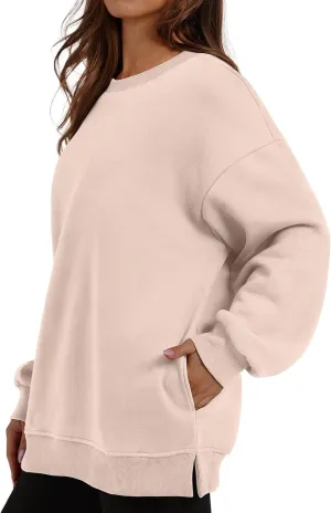 Womens Oversized Sweatshirts Side Slit Crewneck Long Sleeve Tops Loose Pullover 2024 Fall Trendy Clothes with Pocket