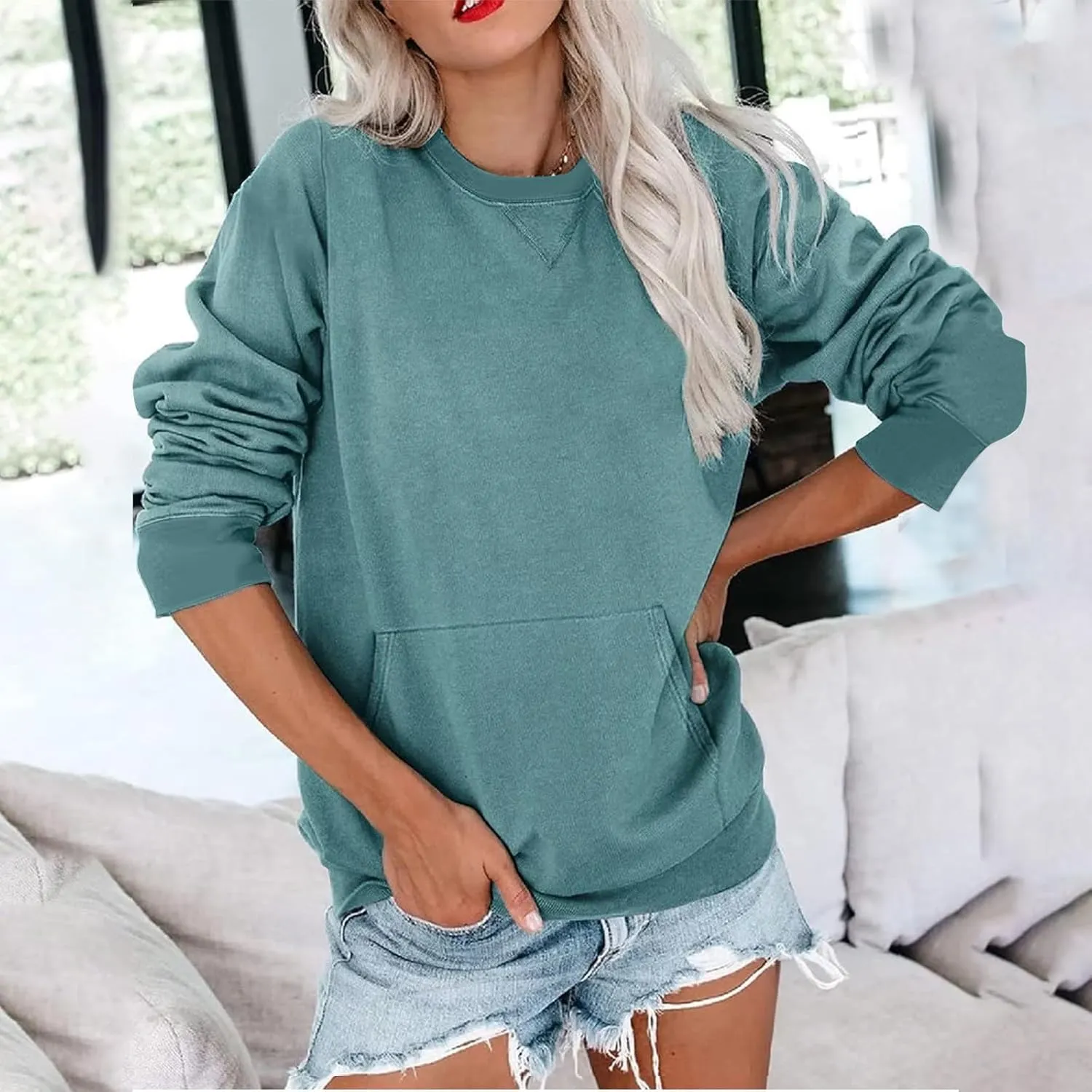 Women's Round Neck Sweatshirt Solid Plain Long Sleeve Pullover Shirts Slim Fit Tunic Comfy Casual Outfits