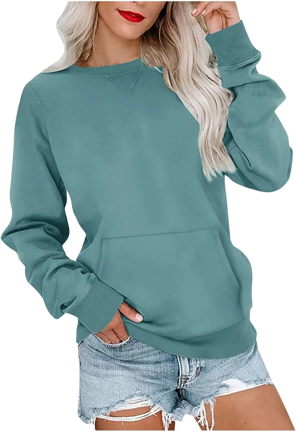 Women's Round Neck Sweatshirt Solid Plain Long Sleeve Pullover Shirts Slim Fit Tunic Comfy Casual Outfits