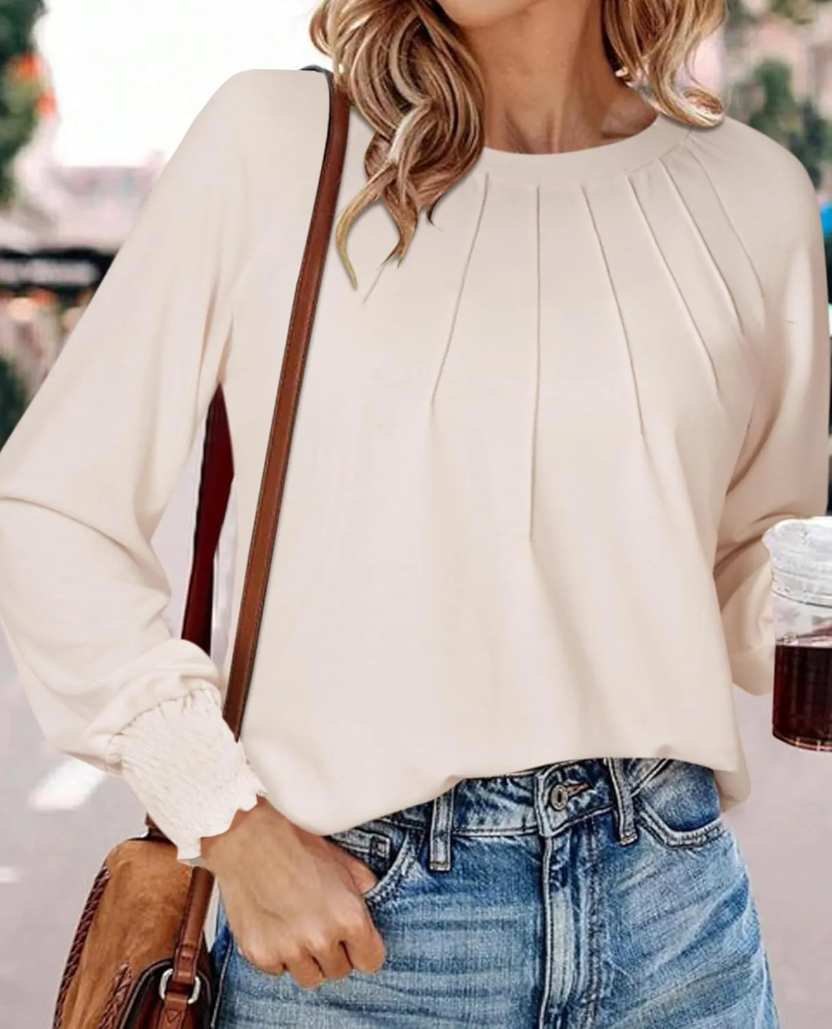 Womens Spring Fashion 2025 Long Sleeve Tunic Tops to Wear with Leggings Crewneck Pleated Shirts Loose Fit Cute Tee