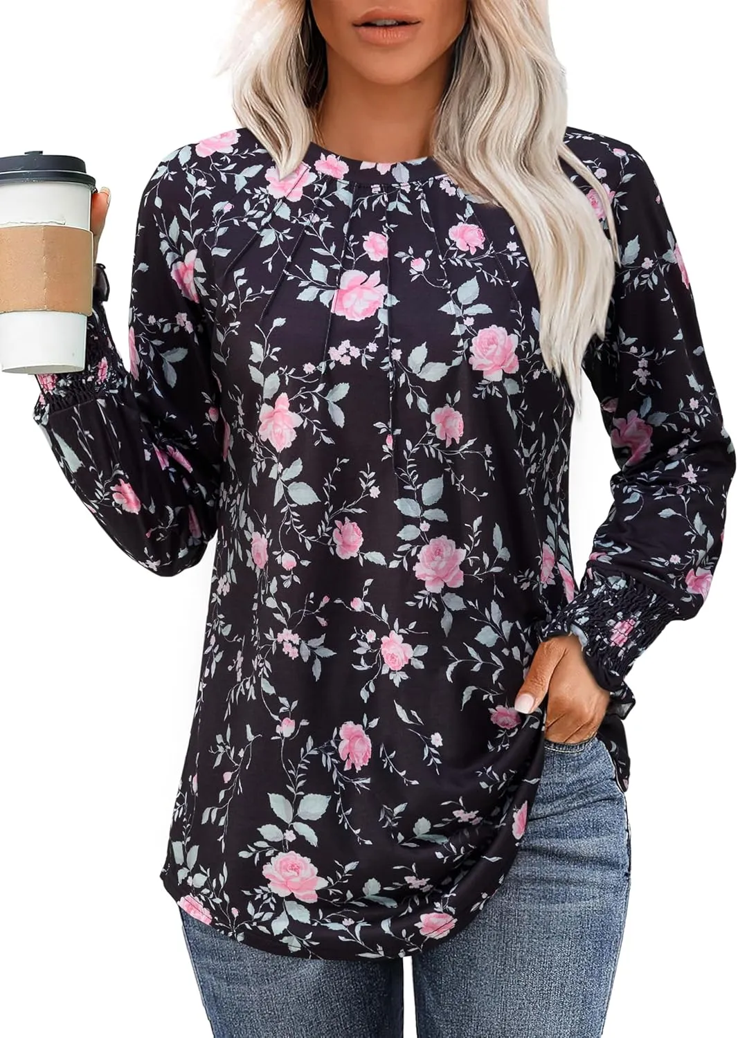 Womens Spring Fashion 2025 Long Sleeve Tunic Tops to Wear with Leggings Crewneck Pleated Shirts Loose Fit Cute Tee