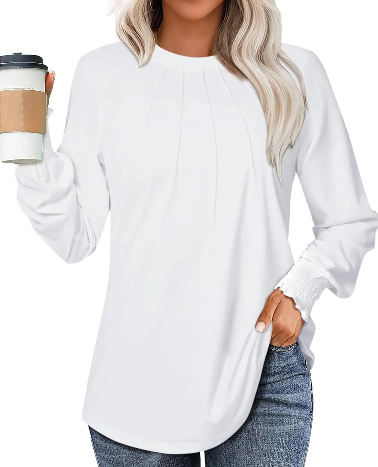 Womens Spring Fashion 2025 Long Sleeve Tunic Tops to Wear with Leggings Crewneck Pleated Shirts Loose Fit Cute Tee