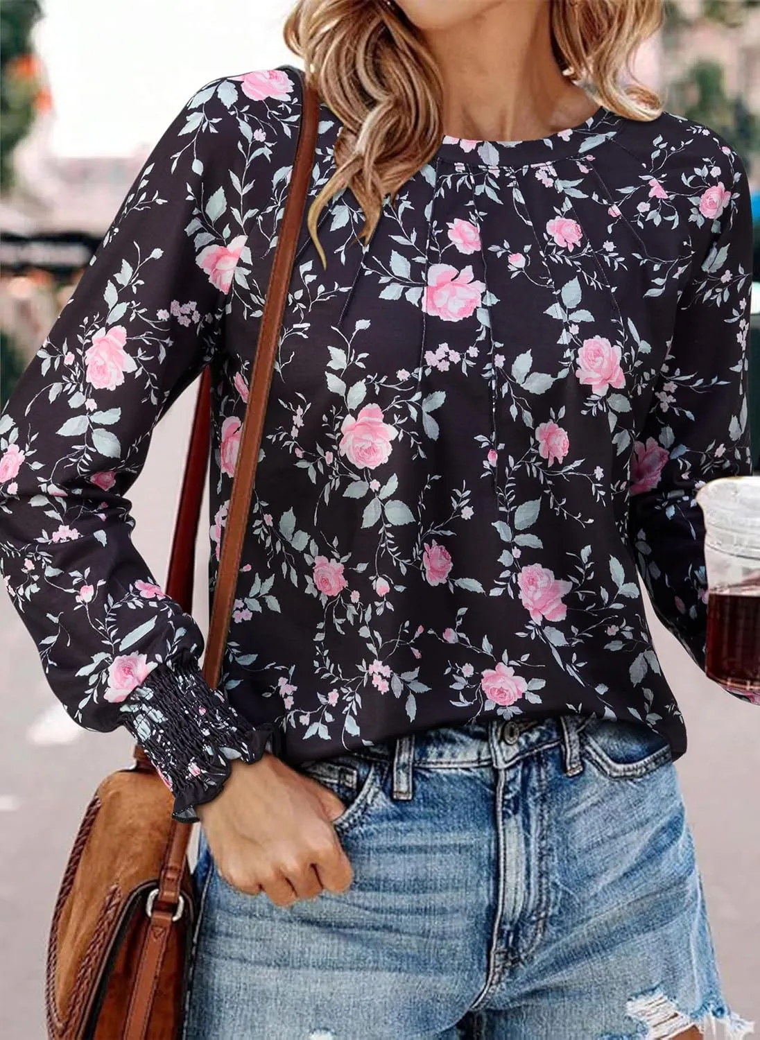 Womens Spring Fashion 2025 Long Sleeve Tunic Tops to Wear with Leggings Crewneck Pleated Shirts Loose Fit Cute Tee