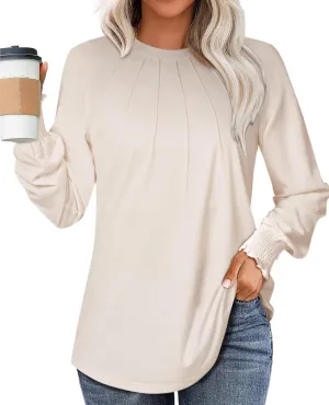 Womens Spring Fashion 2025 Long Sleeve Tunic Tops to Wear with Leggings Crewneck Pleated Shirts Loose Fit Cute Tee