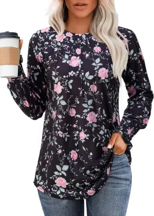 Womens Spring Fashion 2025 Long Sleeve Tunic Tops to Wear with Leggings Crewneck Pleated Shirts Loose Fit Cute Tee