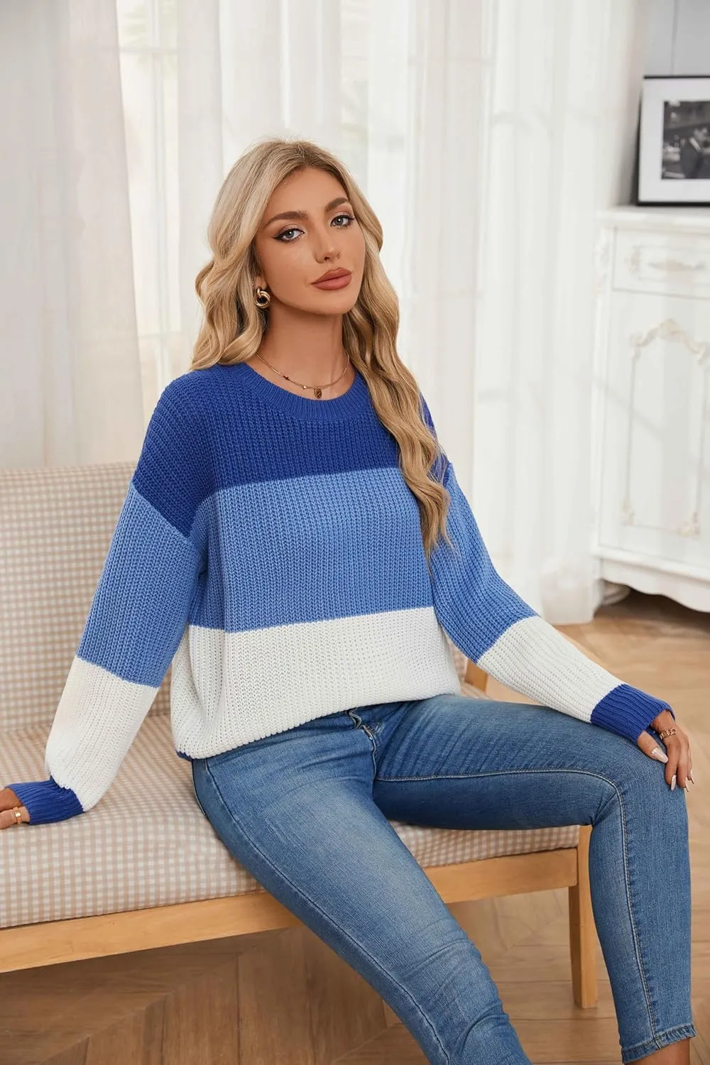 Women's Striped Color Block Sweater Long Sleeve Crewneck Casual Loose Fit Soft Knit Sweater Pullover Tops