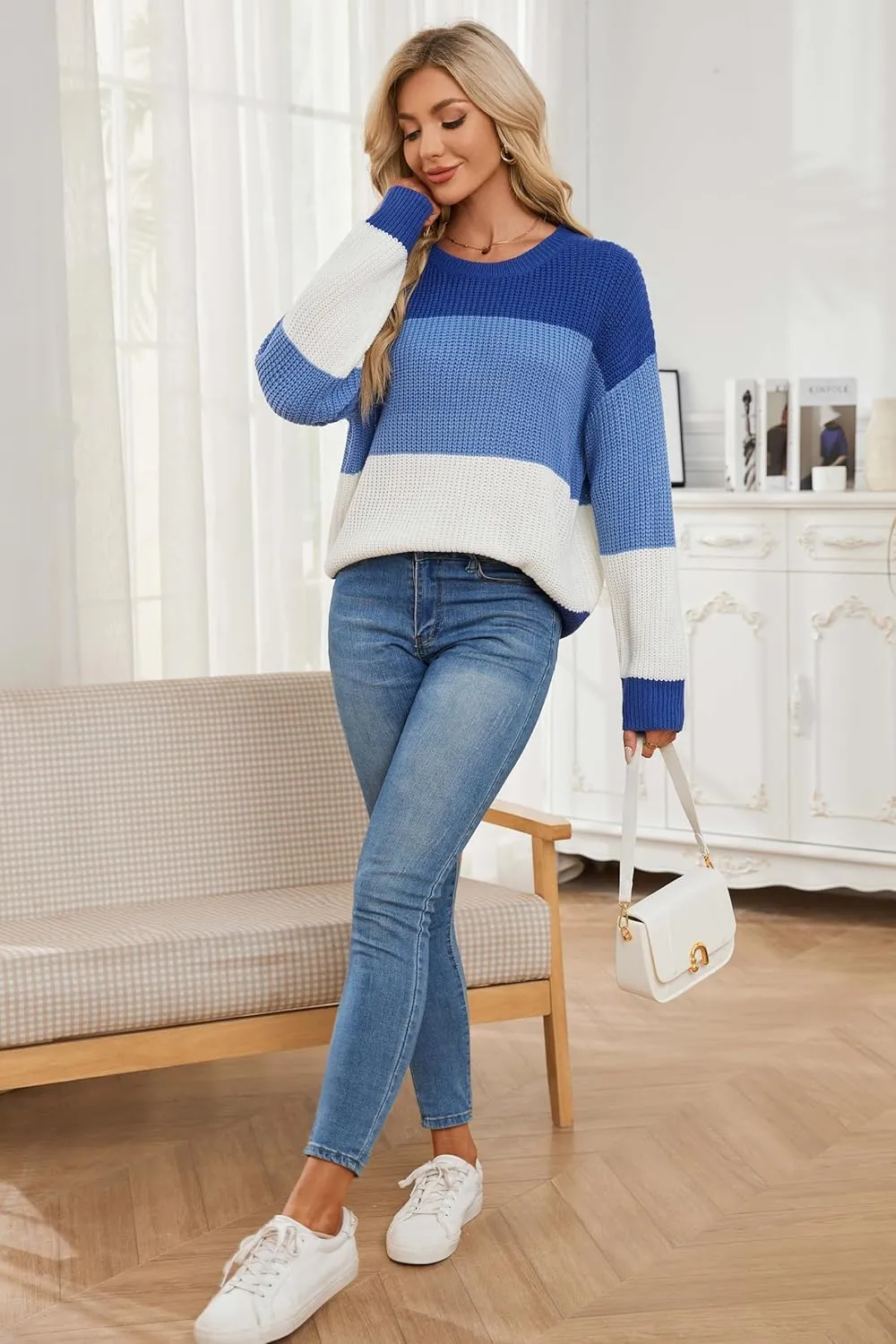 Women's Striped Color Block Sweater Long Sleeve Crewneck Casual Loose Fit Soft Knit Sweater Pullover Tops