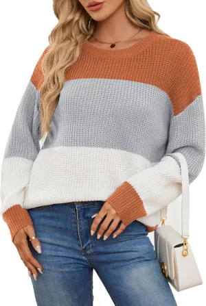 Women's Striped Color Block Sweater Long Sleeve Crewneck Casual Loose Fit Soft Knit Sweater Pullover Tops