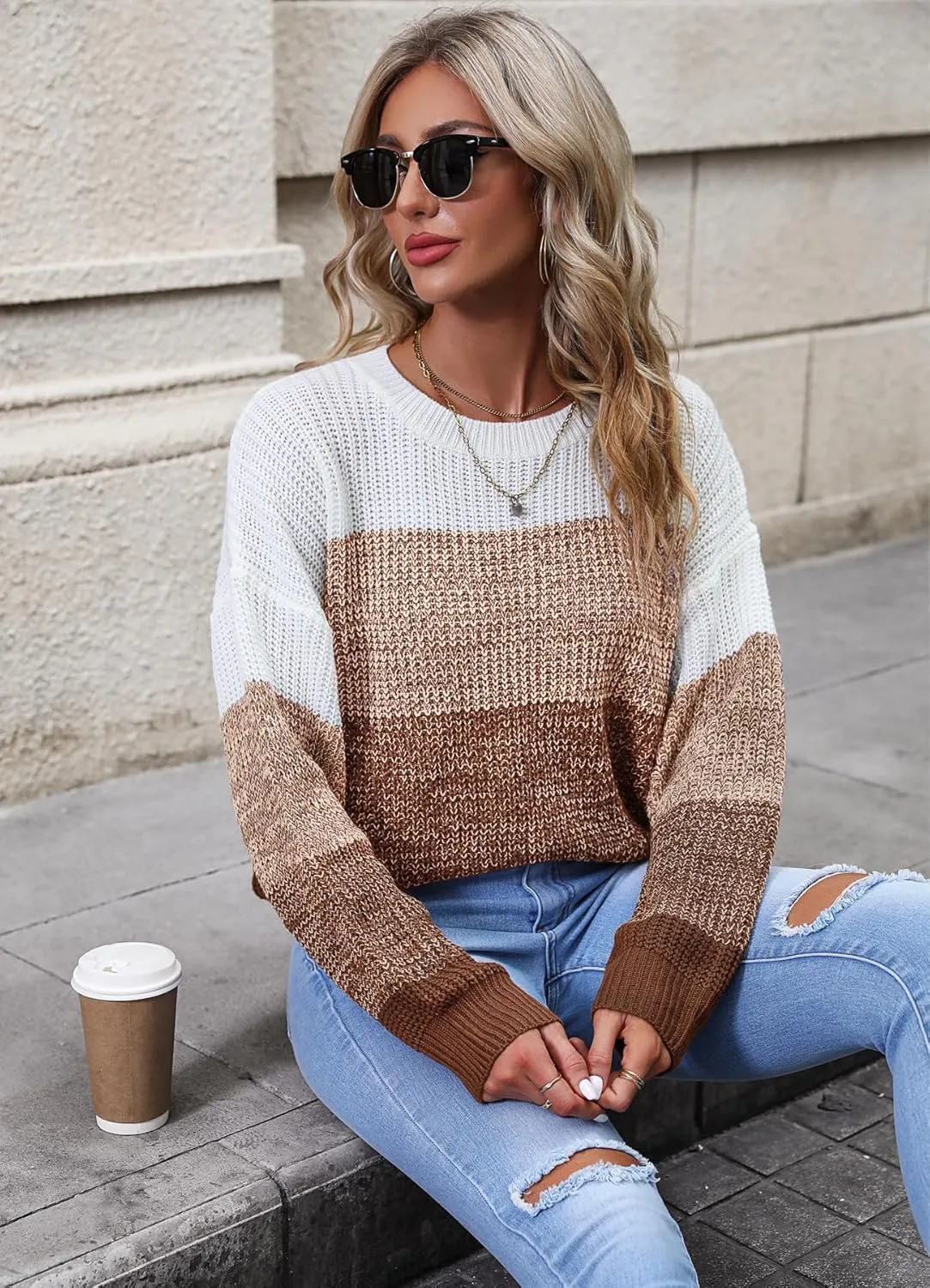 Women's Striped Color Block Sweater Long Sleeve Crewneck Casual Loose Fit Soft Knit Sweater Pullover Tops