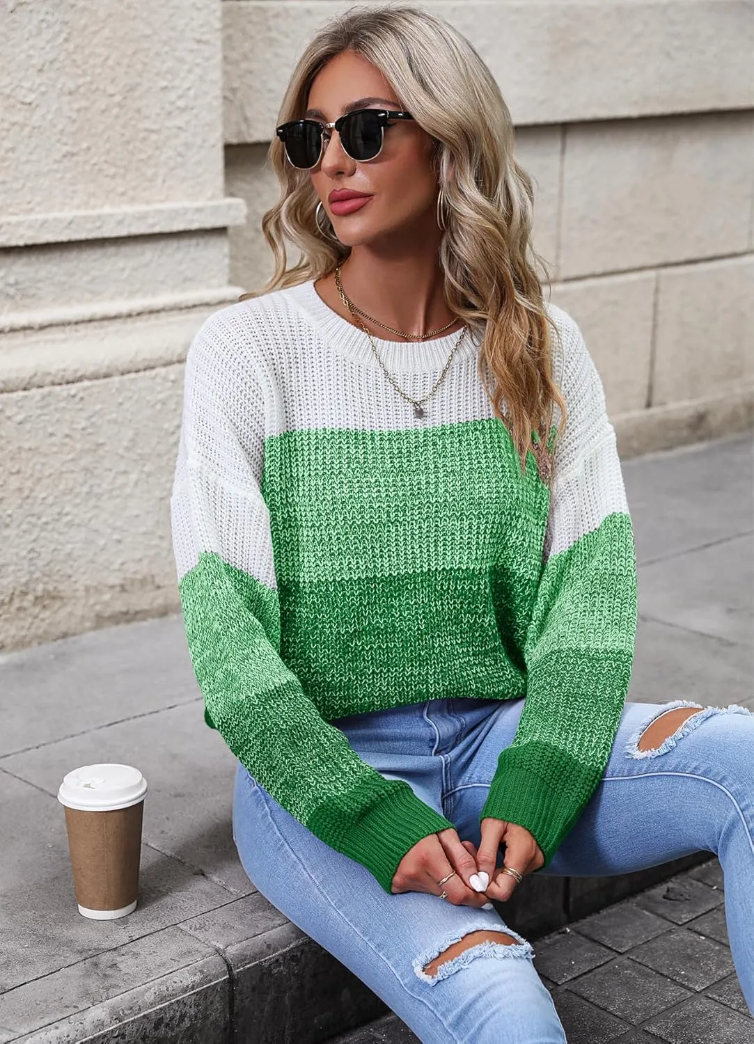 Women's Striped Color Block Sweater Long Sleeve Crewneck Casual Loose Fit Soft Knit Sweater Pullover Tops