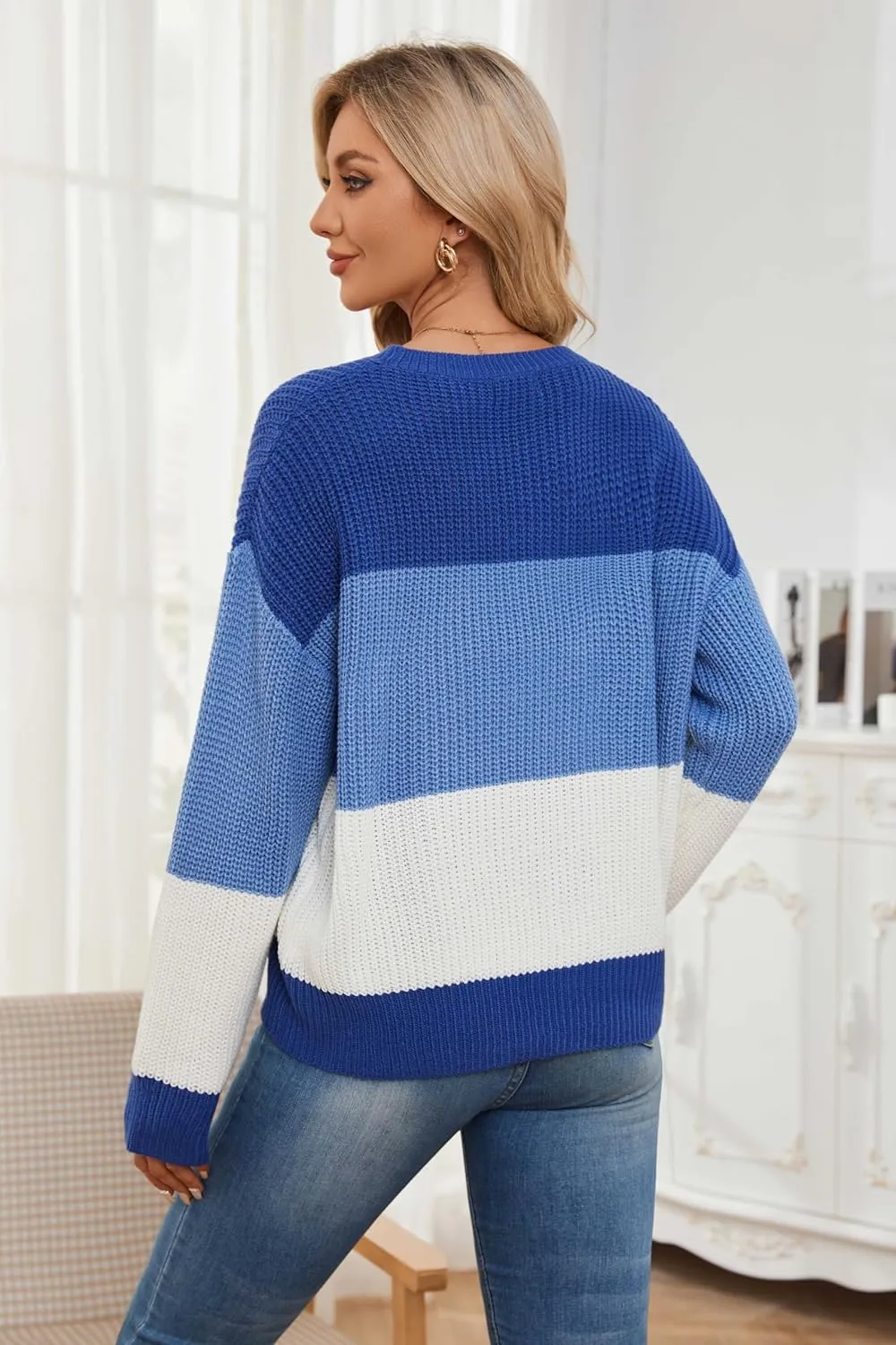Women's Striped Color Block Sweater Long Sleeve Crewneck Casual Loose Fit Soft Knit Sweater Pullover Tops